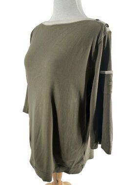 Lauren Ralph Lauren top boat neck button detail Olive Cream Ribbed preppy sz 1X